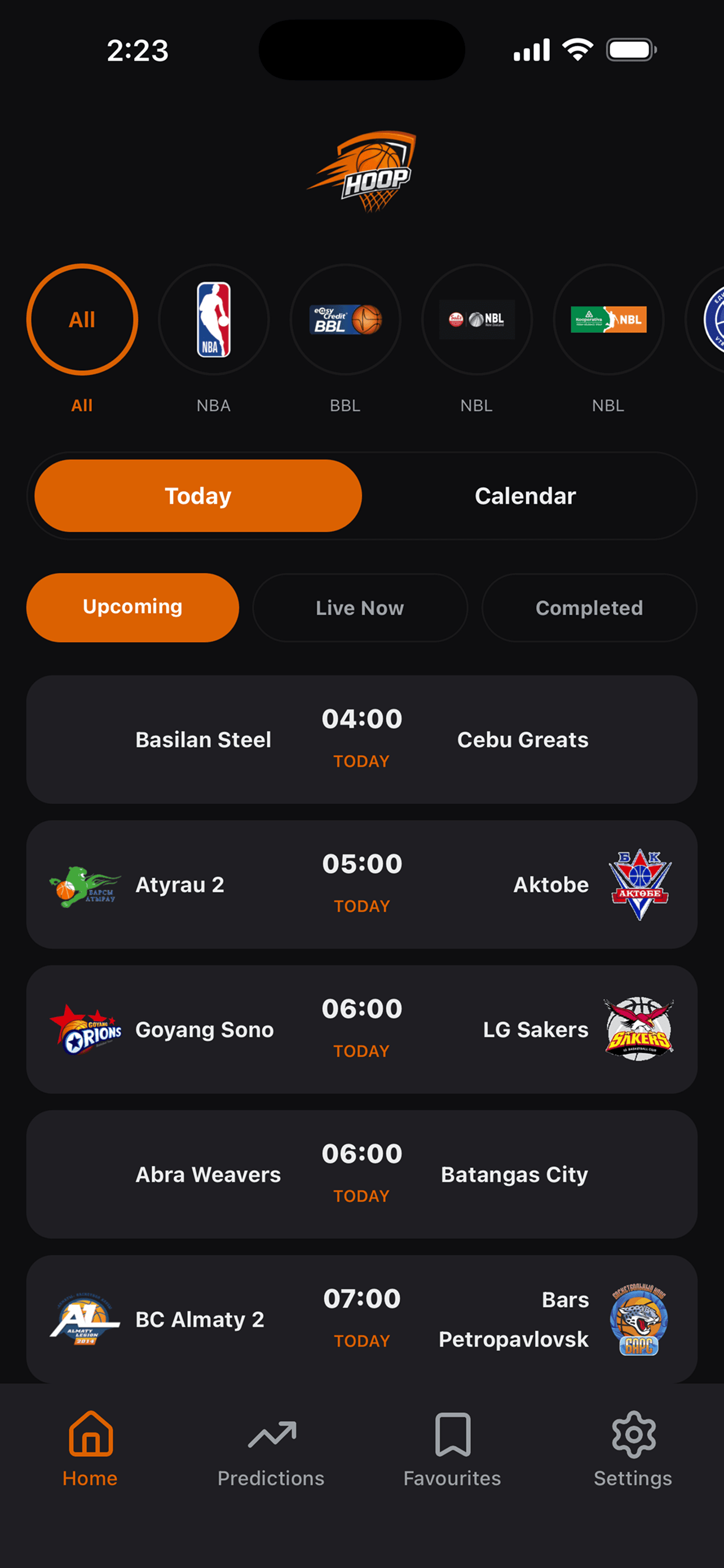 Hoop Predict app — predictions screen